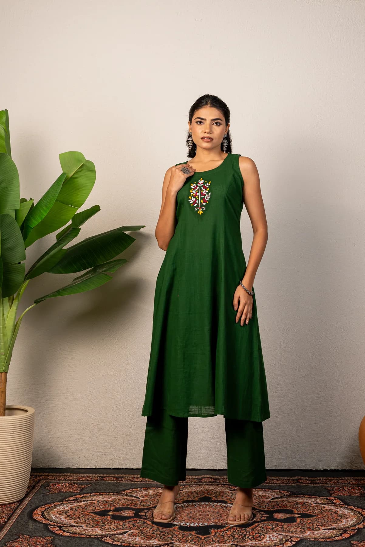 Olive Green Embroidered Kurti Set, view 2