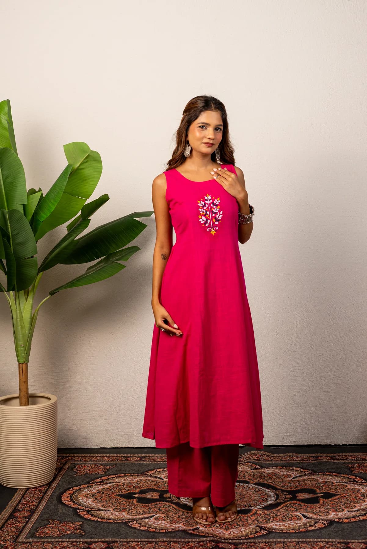 Pink Embroidered Kurti Set, view 2