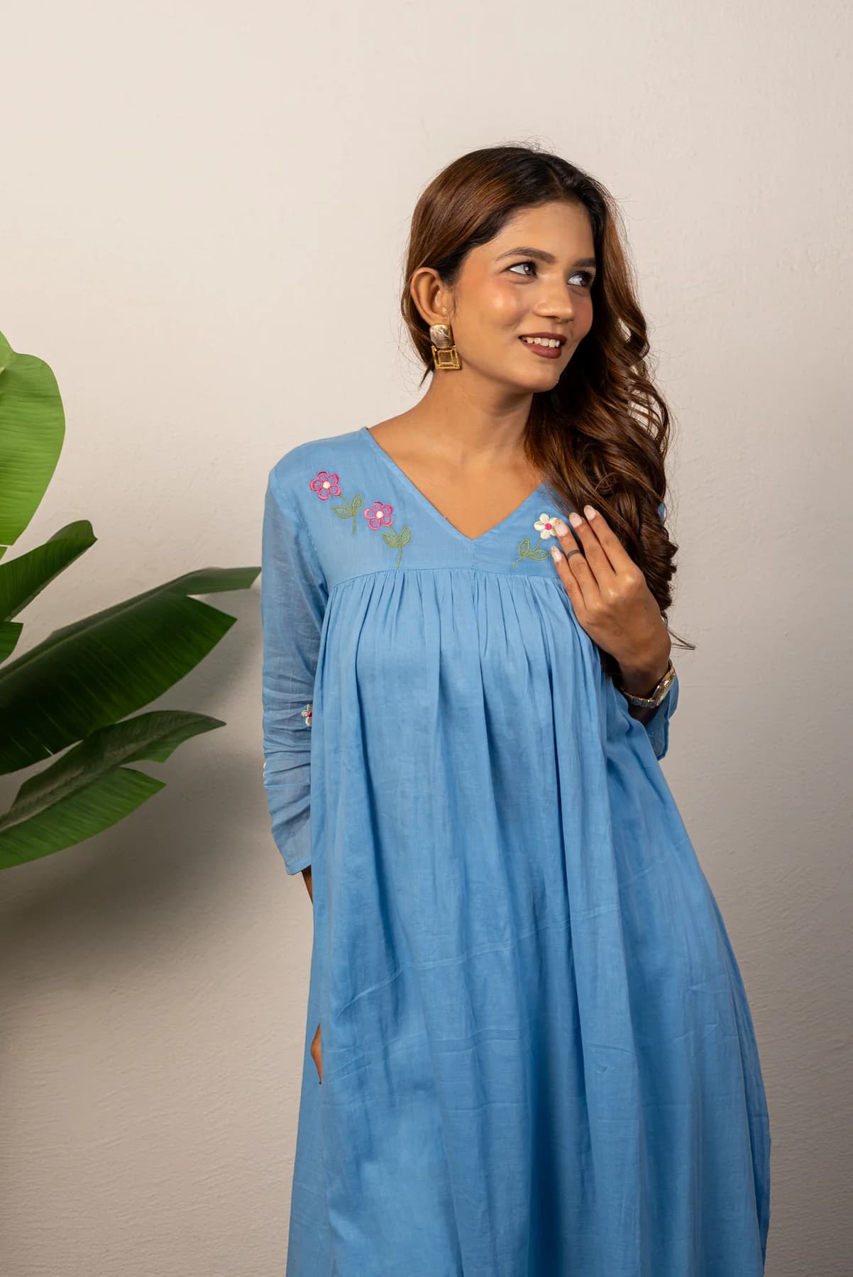 Blue Embroidered Mul Cotton Kurti, view 4