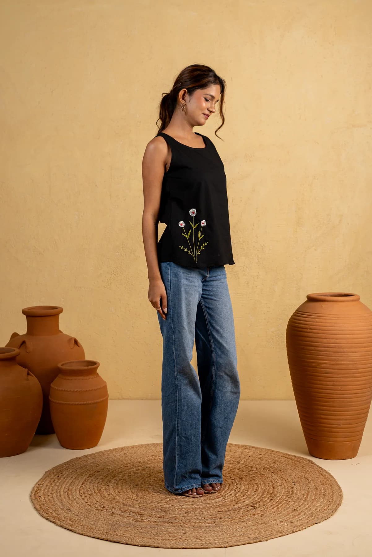 Black Embroidered Cotton Top, view 3
