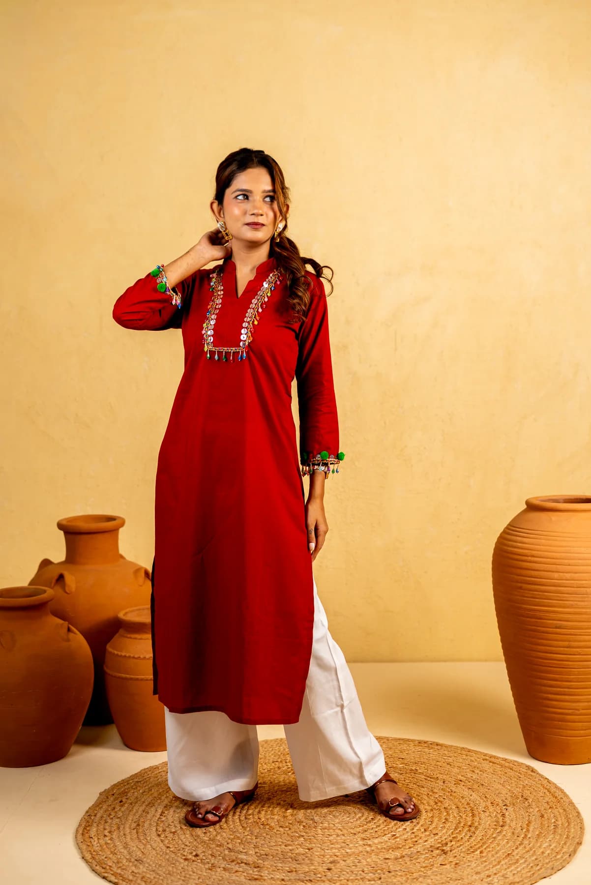 Red Tassel Work Kurti, view 2