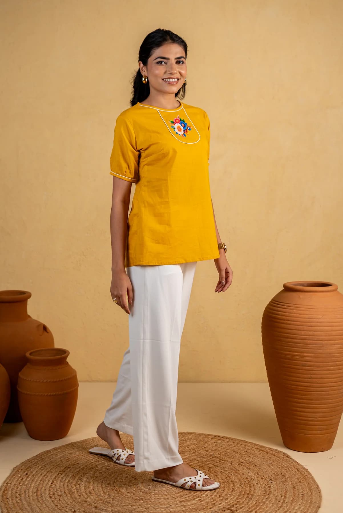 Yellow Printed Cotton Top, view 3