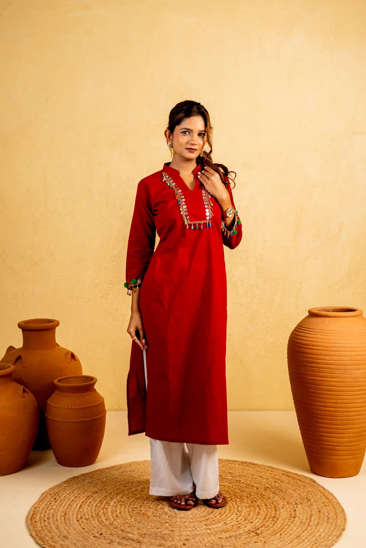 Red Tassel Work Kurti